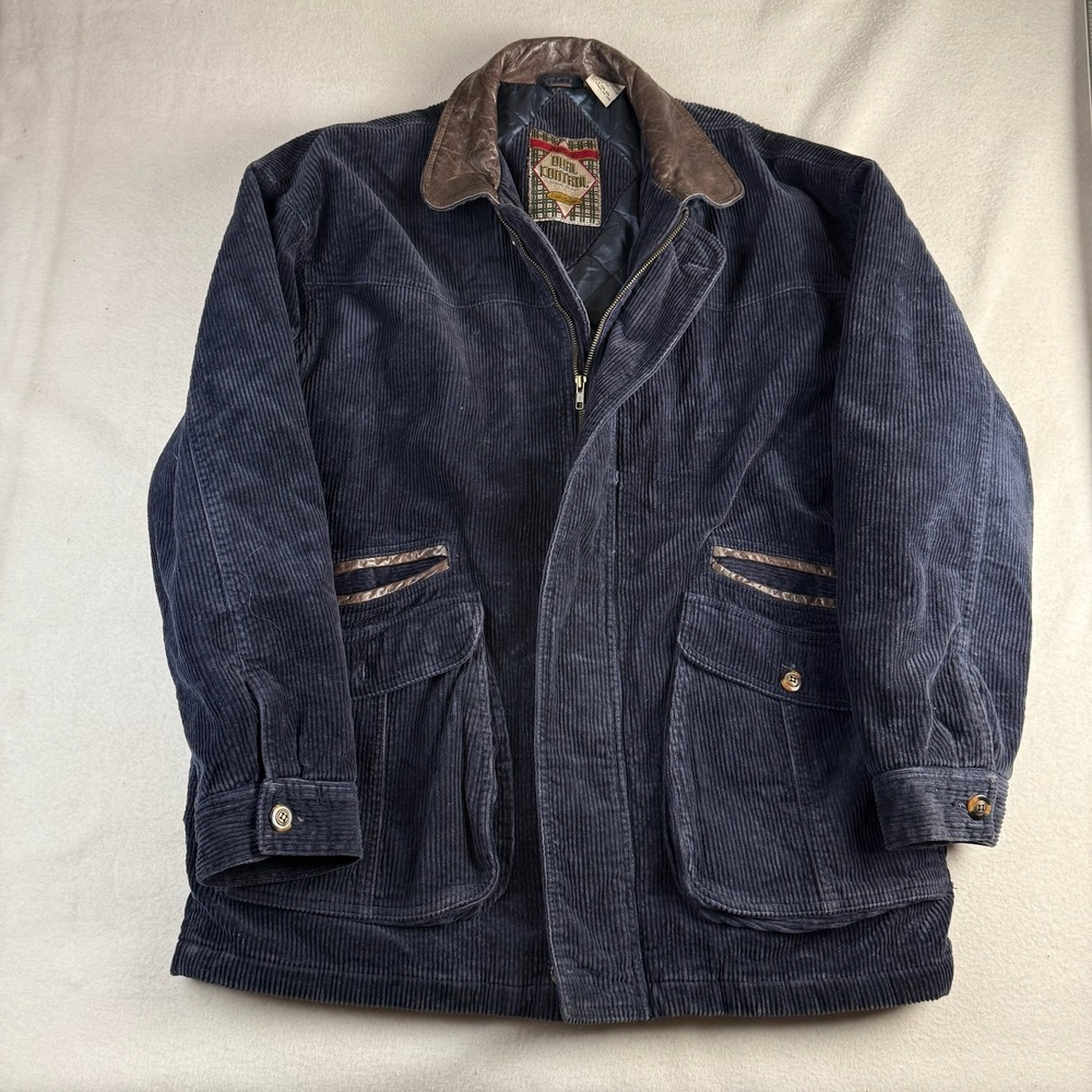 Dual Control Mens Navy Blue Corduroy Field Jacket Leather Trim Quilted Lining L